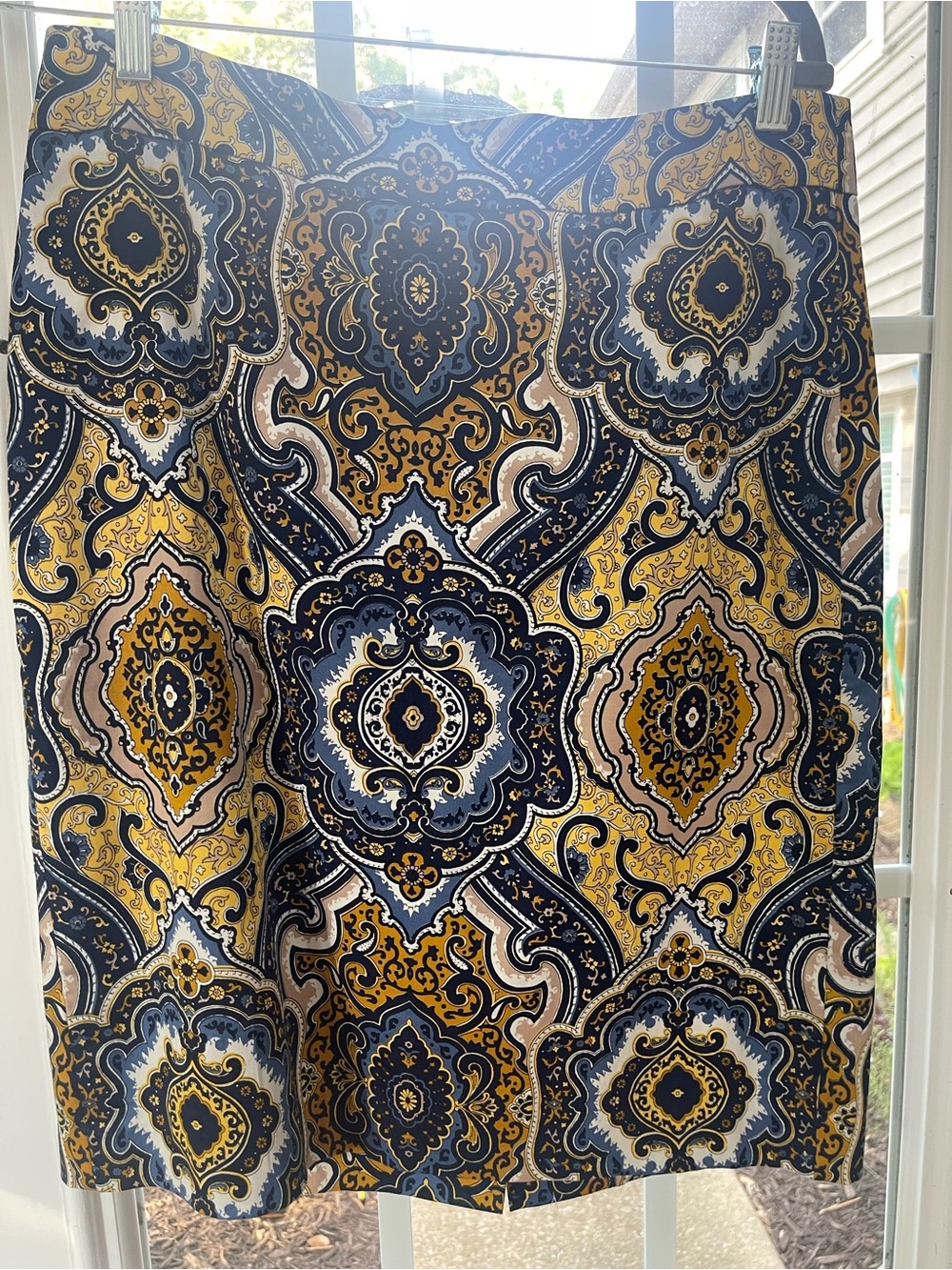 Ann Taylor A-Line Paisley Skirt in Navy, Mustard and Cream